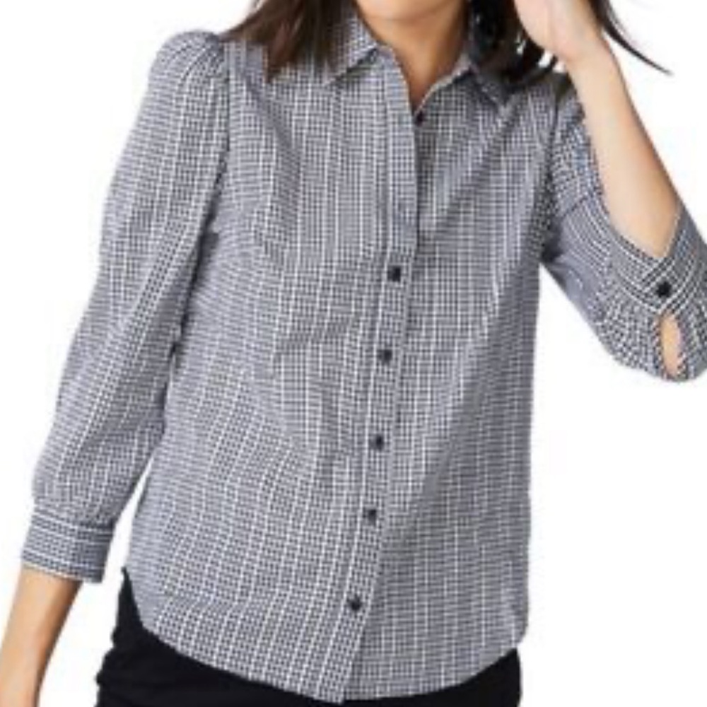 Court & Rowe Ruffle Puff Sleeve Button Front Black &‎ White Plaid Top Plus 1X